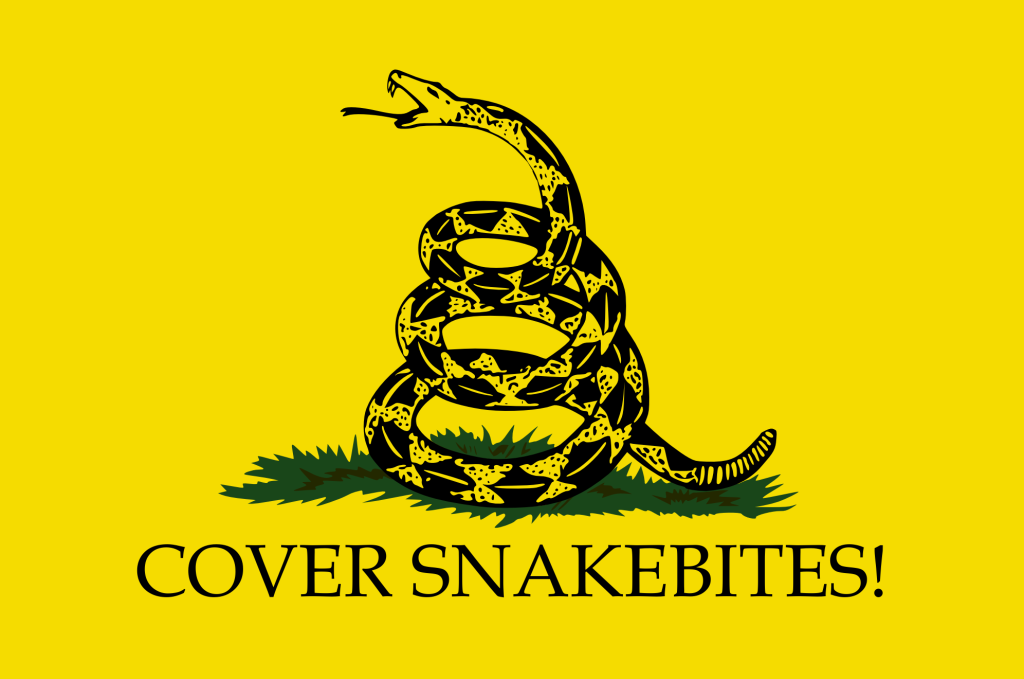 Yellow Rattlesnake Flag with "Cover Snakebites!" slogan
