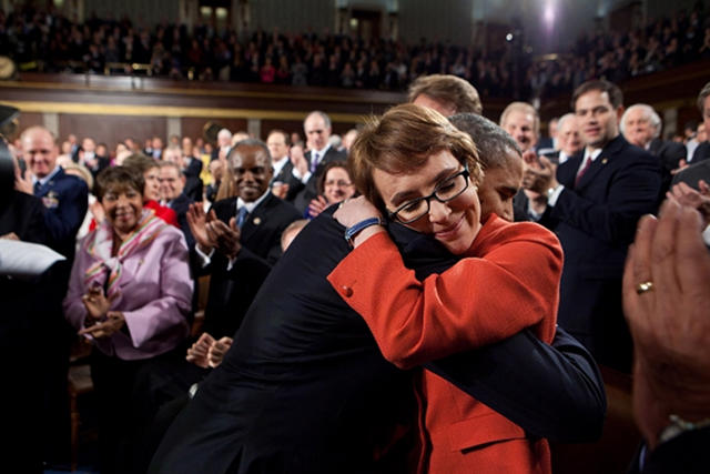 President Barack Obama hugs Rep. Gabrielle Giffords after 2012 State of the Union